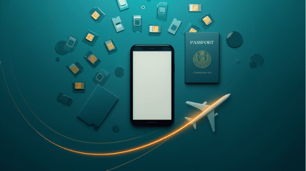 Canva travel-media cover for eSIM Tayyor Iphone Esim Setup article cluster. Smartphone, eSIM and travel objects.