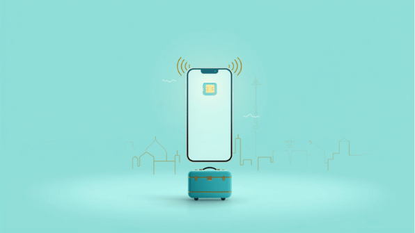 Canva cover for eSIM Tayyor article: iPhone из Дубая/Китая: будет ли работать eSIM в поездке. Smartphone, eSIM and travel elements.