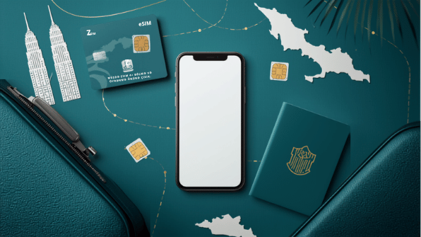 Canva travel-media cover for eSIM Tayyor Malaysia article cluster. Smartphone, eSIM and travel objects.