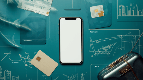 Canva travel-media cover for eSIM Tayyor China Hong Kong article cluster. Smartphone, eSIM and travel objects.