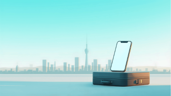 Canva cover for eSIM Tayyor article: eSIM в Астане: связь на выходные из Узбекистана. Smartphone, eSIM and travel elements.