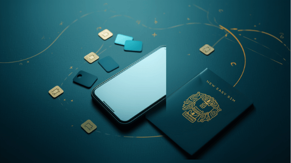 Canva travel-media cover for eSIM Tayyor Dubai Uae Qatar article cluster. Smartphone, eSIM and travel objects.