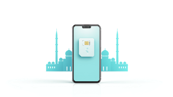 Canva cover for eSIM Tayyor article: Интернет в Медине: eSIM, карты, такси и связь с группой. Smartphone, eSIM and travel elements.