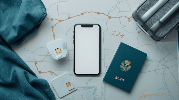 Canva travel-media cover for eSIM Tayyor Azerbaijan article cluster. Smartphone, eSIM and travel objects.
