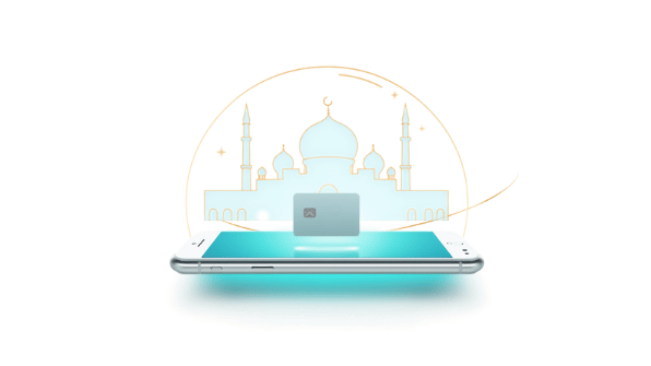 Canva cover for eSIM Tayyor article: eSIM для Умры: Мекка и Медина без роуминга. Smartphone, eSIM and travel elements.