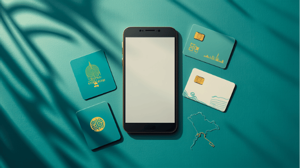 Canva travel-media cover for eSIM Tayyor Thailand article cluster. Smartphone, eSIM and travel objects.