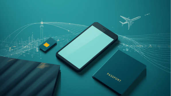 Canva travel-media cover for eSIM Tayyor South Korea article cluster. Smartphone, eSIM and travel objects.