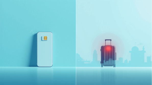 Canva cover for eSIM Tayyor article: Турция: eSIM или SIM-карта в аэропорту, что выгоднее. Smartphone, eSIM and travel elements.