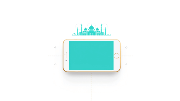 Canva cover for eSIM Tayyor article: Что установить перед Умрой: Nusuk, карты, переводчик, eSIM. Smartphone, eSIM and travel elements.