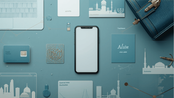 Canva travel-media cover for eSIM Tayyor Central Asia article cluster. Smartphone, eSIM and travel objects.