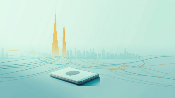 Canva cover for eSIM Tayyor article: Дубай: WhatsApp, Telegram, карты и интернет для туриста. Smartphone, eSIM and travel elements.
