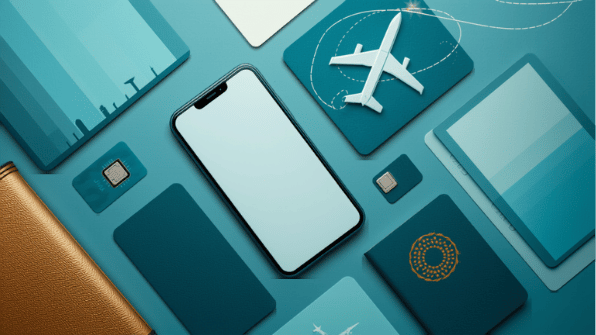 Canva travel-media cover for eSIM Tayyor Turkey article cluster. Smartphone, eSIM and travel objects.